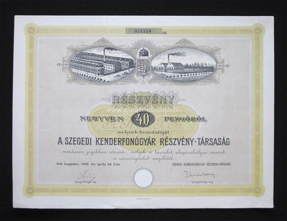 Szegedi Kenderfongyr rszvny 40 peng 1940